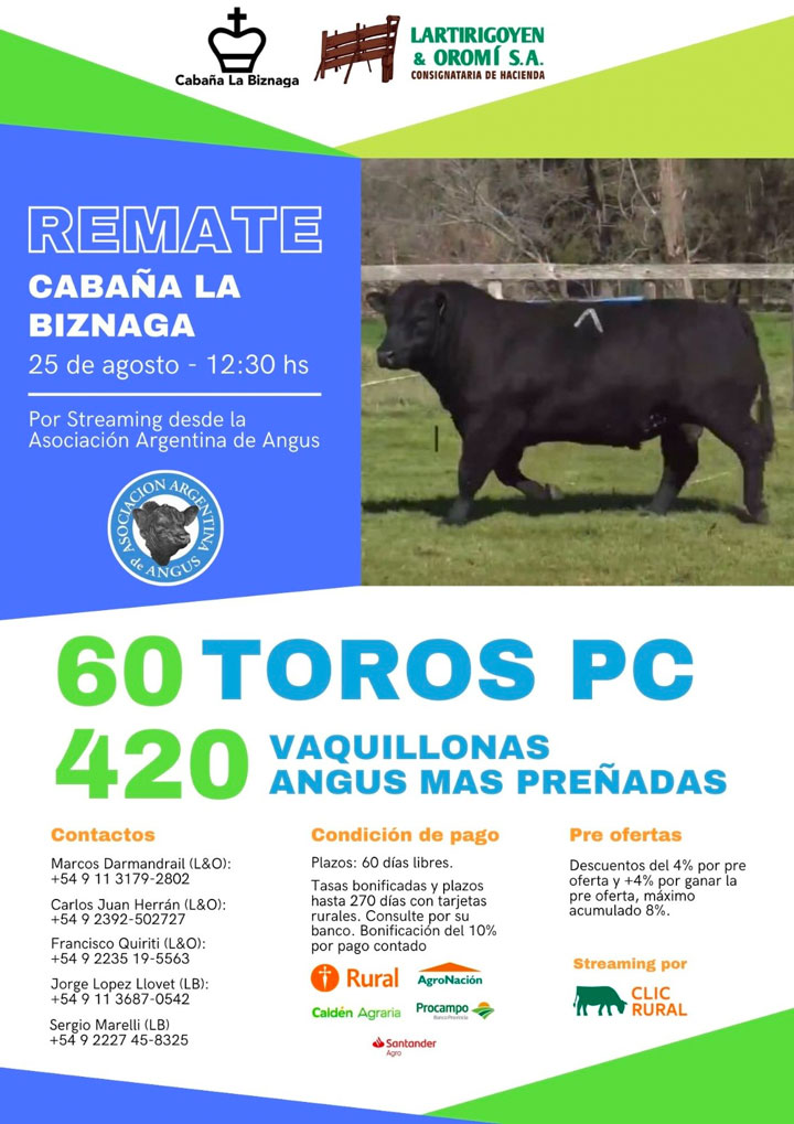 Remate 2022 de Cabaña La Biznaga por streaming. Reproductores Angus.